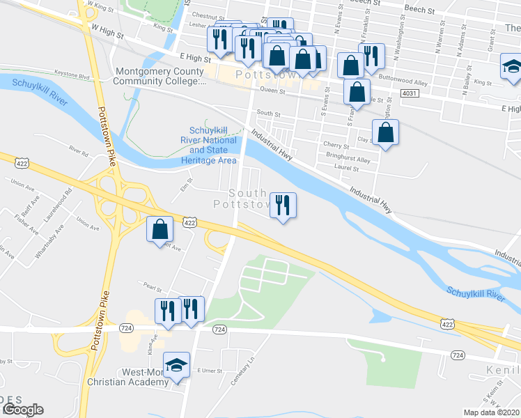 map of restaurants, bars, coffee shops, grocery stores, and more near 128 East Main Street in Pottstown