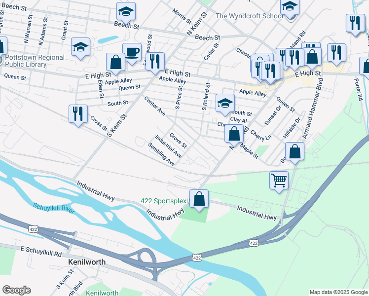 map of restaurants, bars, coffee shops, grocery stores, and more near 1162 Grove Street in Pottstown