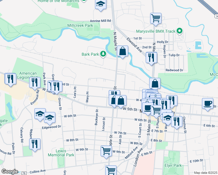 map of restaurants, bars, coffee shops, grocery stores, and more near 442 West 3rd Street in Marysville
