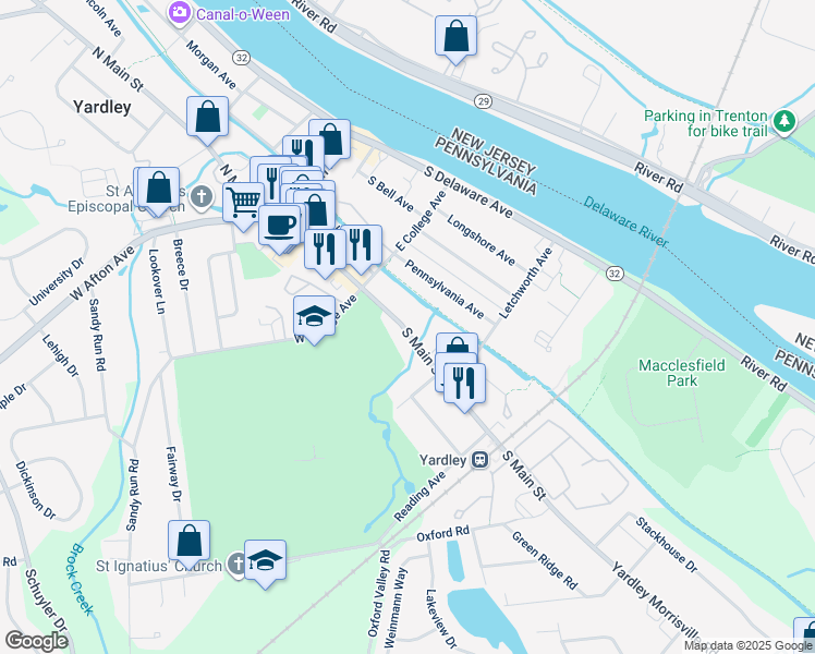 map of restaurants, bars, coffee shops, grocery stores, and more near 130 South Main Street in Yardley
