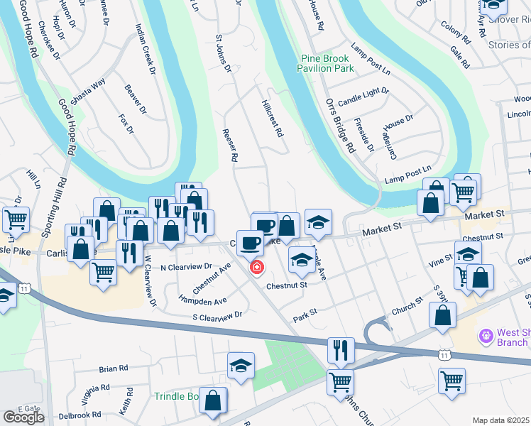 map of restaurants, bars, coffee shops, grocery stores, and more near 100 Saint Johns Drive in Camp Hill