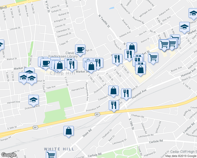 map of restaurants, bars, coffee shops, grocery stores, and more near 32 South 18th Street in Camp Hill