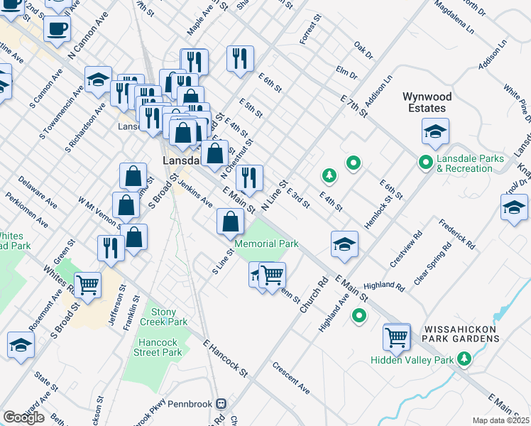 map of restaurants, bars, coffee shops, grocery stores, and more near 34 North Line Street in Lansdale