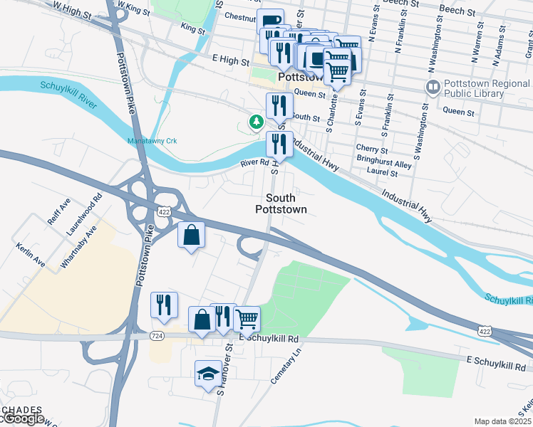 map of restaurants, bars, coffee shops, grocery stores, and more near 327 South Hanover Street in Pottstown