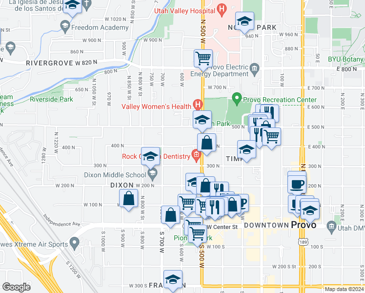 map of restaurants, bars, coffee shops, grocery stores, and more near 398 600 West in Provo