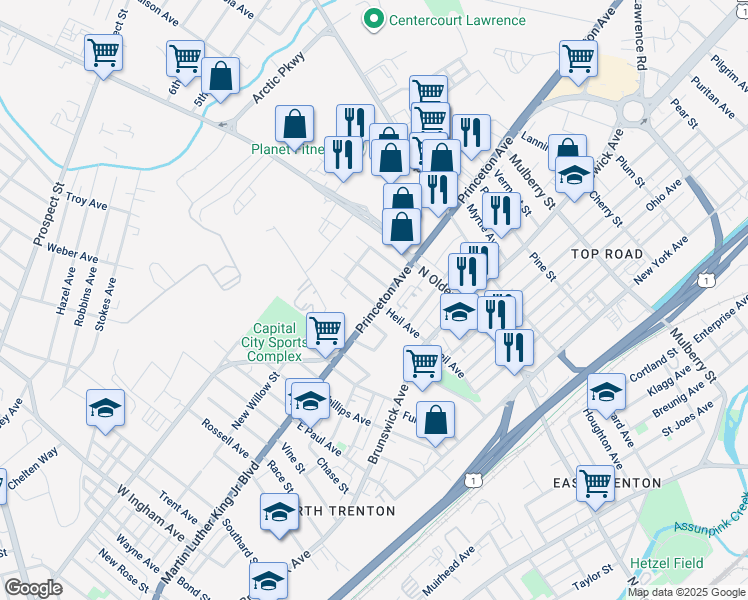 map of restaurants, bars, coffee shops, grocery stores, and more near 1401 Princeton Avenue in Ewing Township
