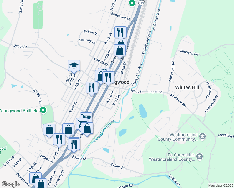 map of restaurants, bars, coffee shops, grocery stores, and more near 5 South 1st Street in Youngwood