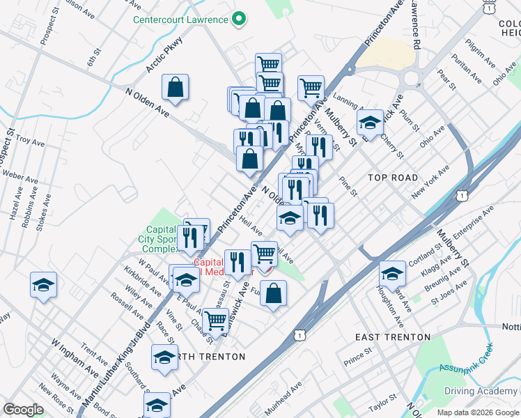 map of restaurants, bars, coffee shops, grocery stores, and more near 15-33 Greeley Alley in Trenton