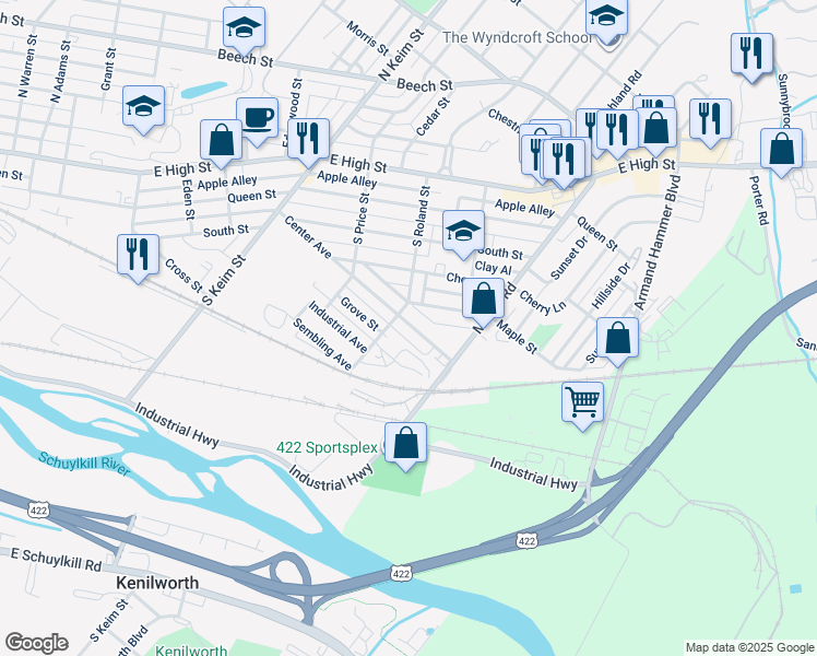 map of restaurants, bars, coffee shops, grocery stores, and more near 1214 Center Avenue in Pottstown