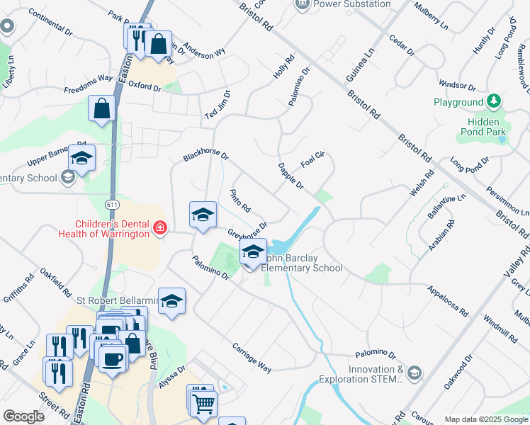map of restaurants, bars, coffee shops, grocery stores, and more near 2105 Pinto Road in Warrington