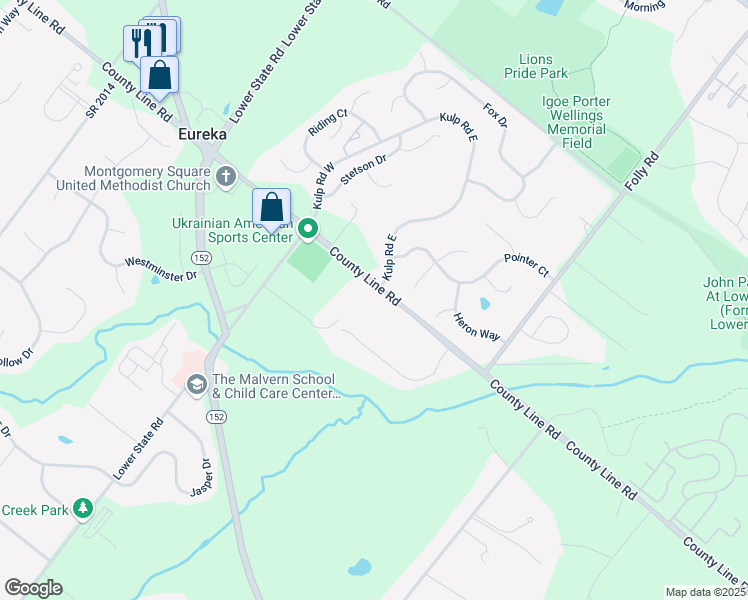 map of restaurants, bars, coffee shops, grocery stores, and more near 1333 County Line Road in North Wales