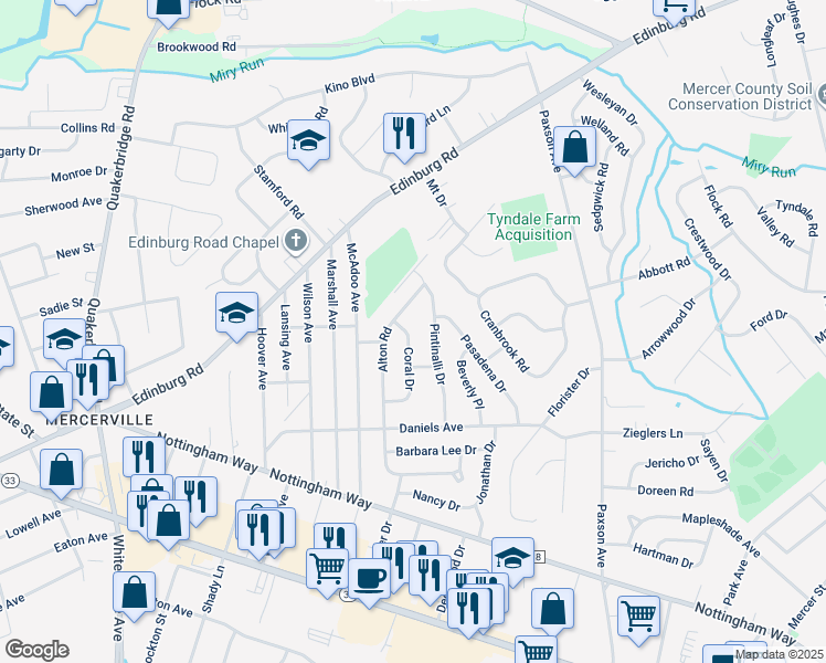 map of restaurants, bars, coffee shops, grocery stores, and more near 26 Coral Drive in Hamilton Township