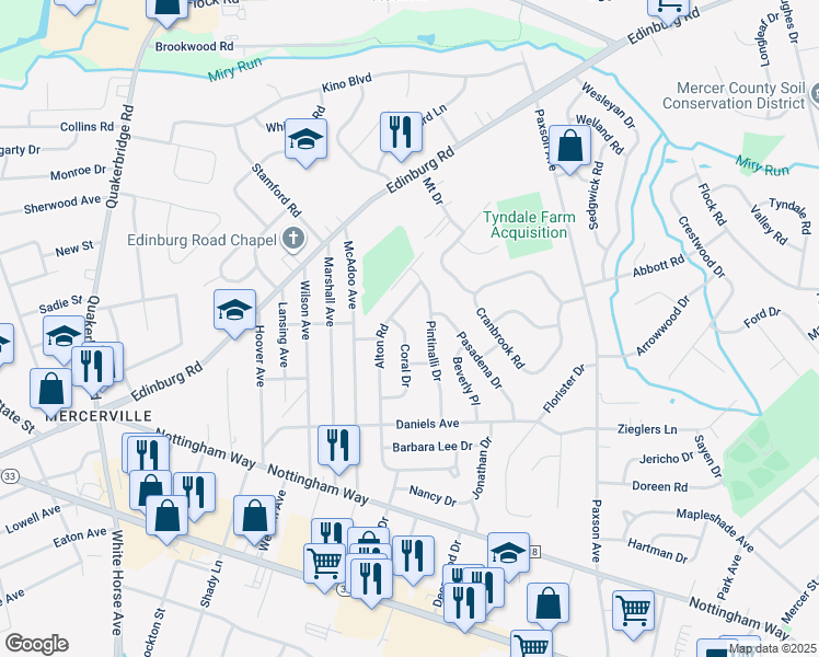 map of restaurants, bars, coffee shops, grocery stores, and more near 26 Coral Drive in Hamilton Township