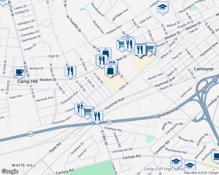 map of restaurants, bars, coffee shops, grocery stores, and more near 229 South 15th Street in Camp Hill
