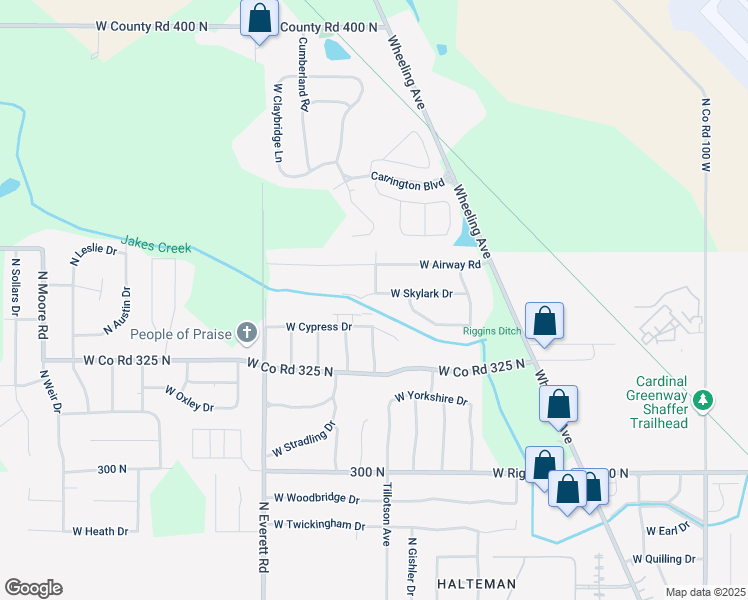 map of restaurants, bars, coffee shops, grocery stores, and more near 2903 West Skylark Drive in Muncie