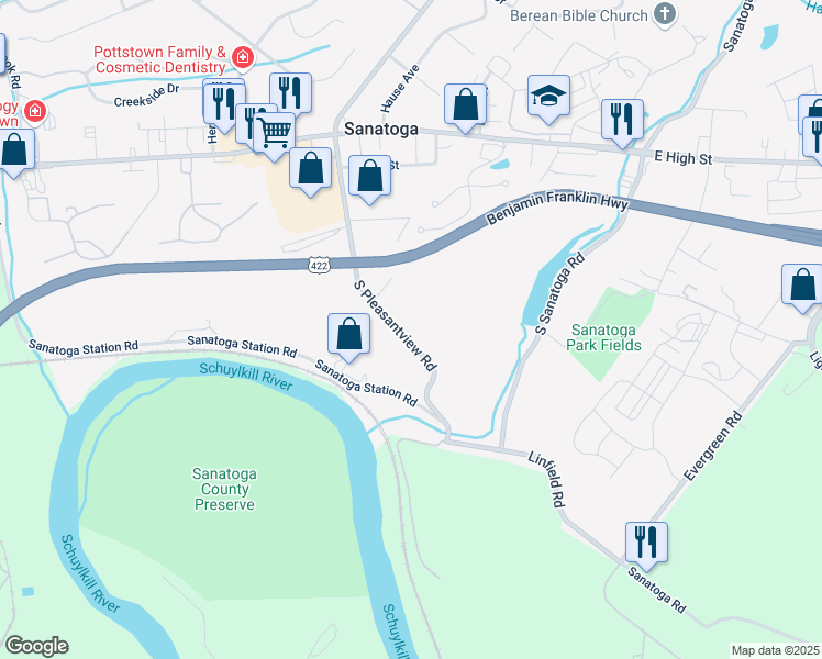 map of restaurants, bars, coffee shops, grocery stores, and more near 280 South Pleasantview Road in Sanatoga