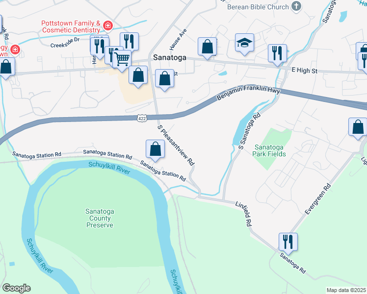 map of restaurants, bars, coffee shops, grocery stores, and more near 280 South Pleasantview Road in Sanatoga