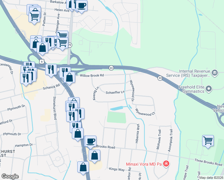 map of restaurants, bars, coffee shops, grocery stores, and more near 10 Schaeffer Lane in Freehold