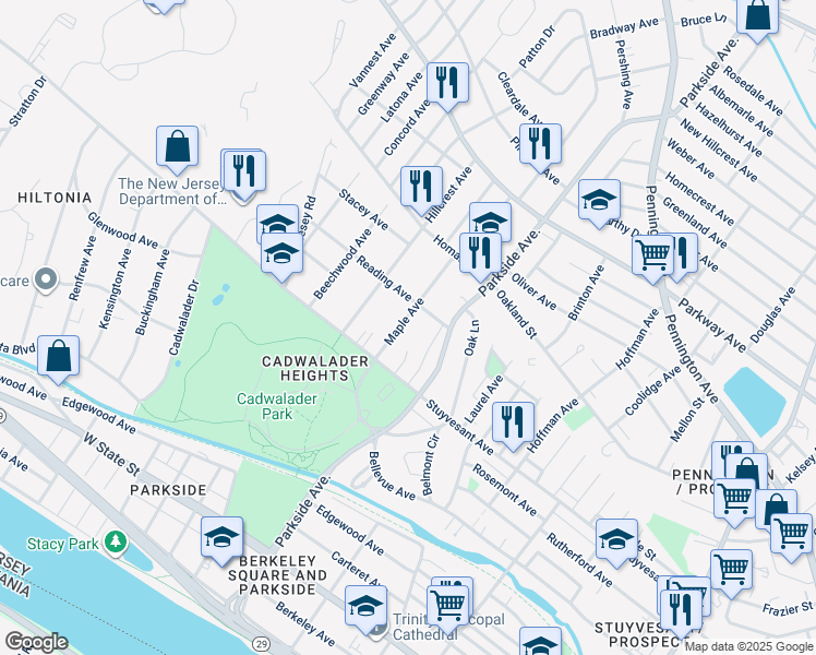 map of restaurants, bars, coffee shops, grocery stores, and more near 50 Maple Avenue in Trenton