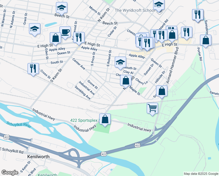map of restaurants, bars, coffee shops, grocery stores, and more near 1225 Center Avenue in Pottstown