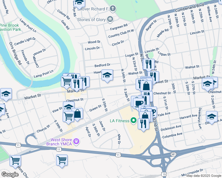 map of restaurants, bars, coffee shops, grocery stores, and more near 3437 Market Street in Camp Hill