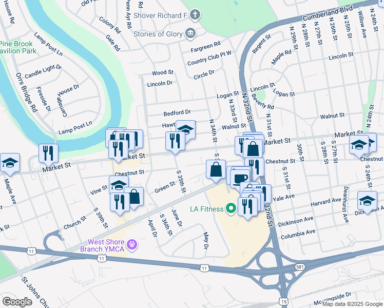 map of restaurants, bars, coffee shops, grocery stores, and more near 3437 Market Street in Camp Hill