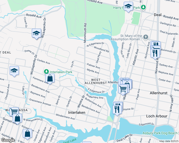 map of restaurants, bars, coffee shops, grocery stores, and more near 618 Myrtle Avenue in Allenhurst