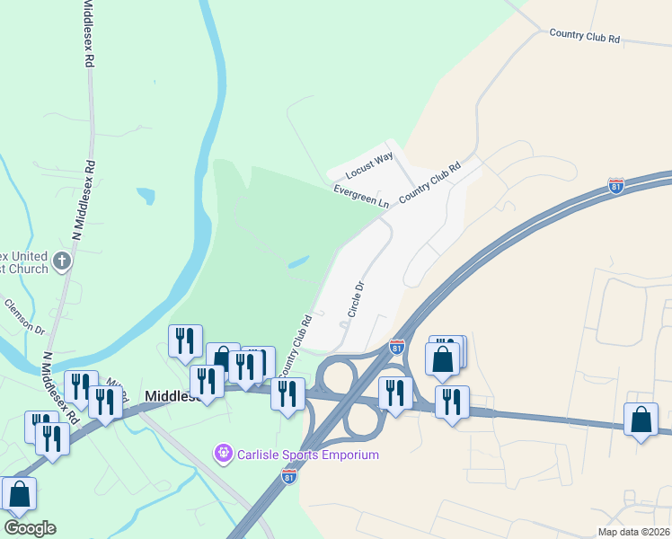 map of restaurants, bars, coffee shops, grocery stores, and more near 41 Country Club Road in Carlisle