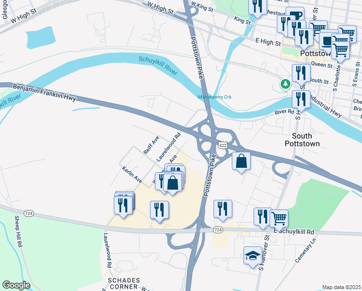 map of restaurants, bars, coffee shops, grocery stores, and more near 289 Whartnaby Avenue in Pottstown