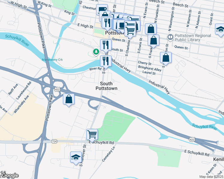 map of restaurants, bars, coffee shops, grocery stores, and more near 128 East Main Street in Pottstown