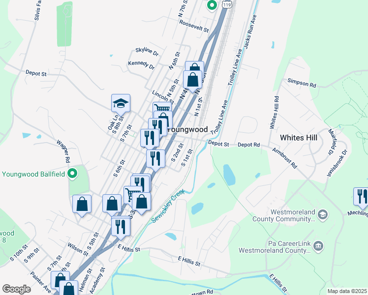 map of restaurants, bars, coffee shops, grocery stores, and more near 5 South 1st Street in Youngwood