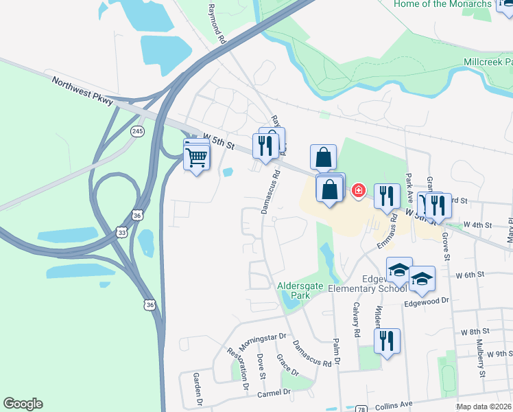 map of restaurants, bars, coffee shops, grocery stores, and more near 201 Residence Drive in Marysville