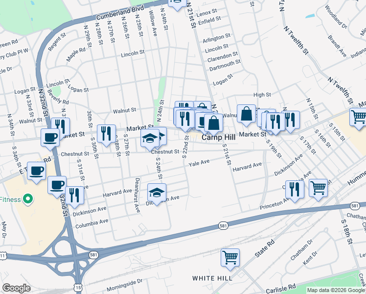 map of restaurants, bars, coffee shops, grocery stores, and more near 50 South 22nd Street in Camp Hill