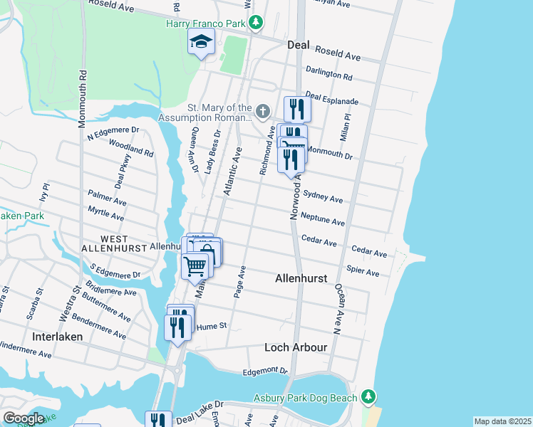 map of restaurants, bars, coffee shops, grocery stores, and more near 86 Neptune Avenue in Deal