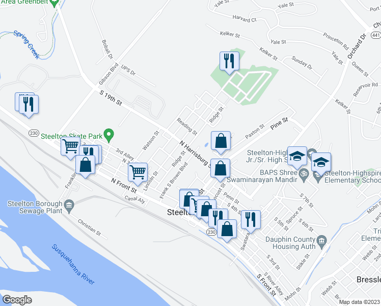 map of restaurants, bars, coffee shops, grocery stores, and more near 253 Adams Street in Steelton