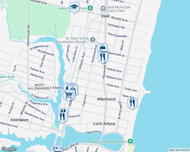 map of restaurants, bars, coffee shops, grocery stores, and more near 86 Neptune Avenue in Deal