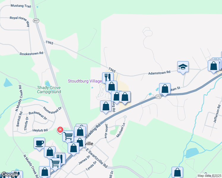 map of restaurants, bars, coffee shops, grocery stores, and more near 6 East Market Street in Reinholds
