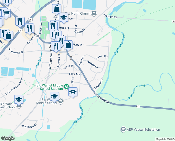 map of restaurants, bars, coffee shops, grocery stores, and more near 261 Mistletoe Court in Sunbury