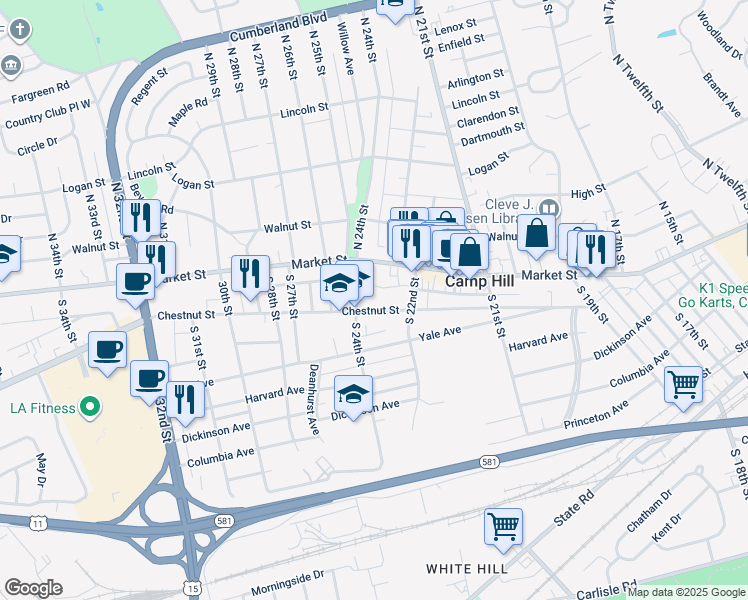 map of restaurants, bars, coffee shops, grocery stores, and more near 2324 Chestnut St in Camp Hill