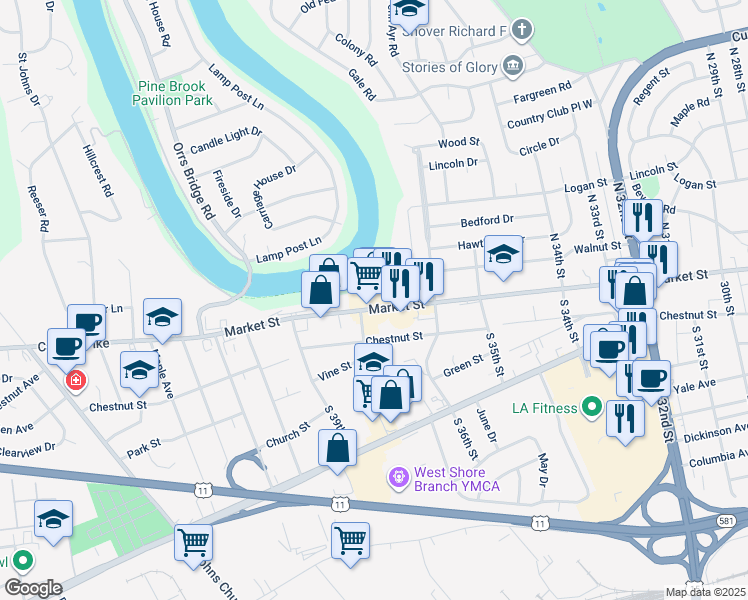 map of restaurants, bars, coffee shops, grocery stores, and more near 3730 Market Street in Camp Hill