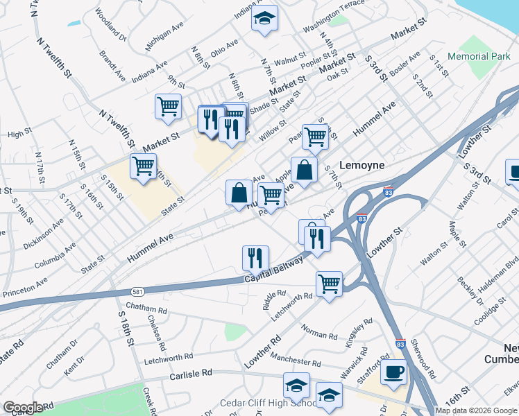map of restaurants, bars, coffee shops, grocery stores, and more near 952 Hummel Avenue in Lemoyne