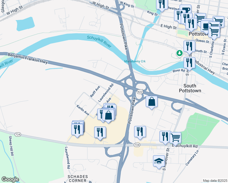 map of restaurants, bars, coffee shops, grocery stores, and more near 289 Whartnaby Avenue in Pottstown