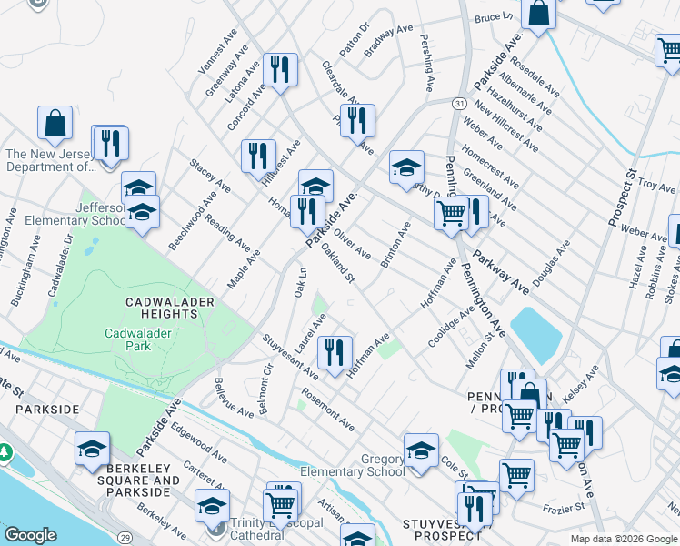map of restaurants, bars, coffee shops, grocery stores, and more near 325 Oakland Street in Trenton