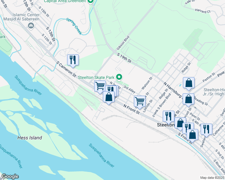 map of restaurants, bars, coffee shops, grocery stores, and more near 649 North 2nd Street in Steelton