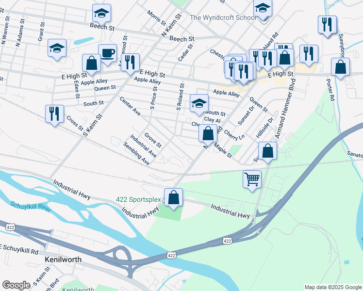 map of restaurants, bars, coffee shops, grocery stores, and more near 1225 Center Avenue in Pottstown