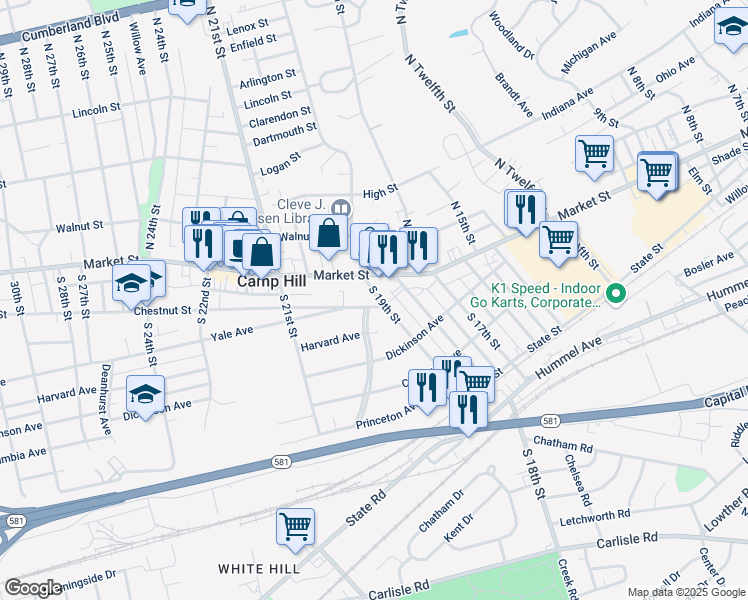 map of restaurants, bars, coffee shops, grocery stores, and more near 1900 Chestnut St in Camp Hill