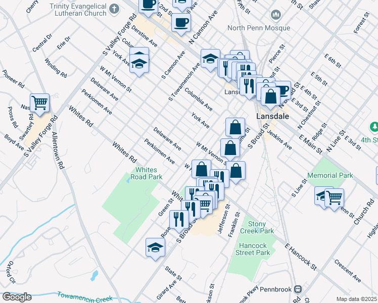 map of restaurants, bars, coffee shops, grocery stores, and more near 301 Delaware Avenue in Lansdale