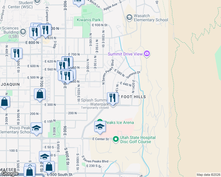 map of restaurants, bars, coffee shops, grocery stores, and more near 391 North 1340 East in Provo