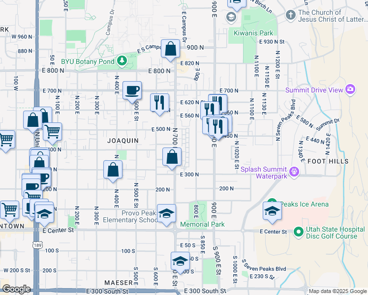 map of restaurants, bars, coffee shops, grocery stores, and more near 392 700 East in Provo