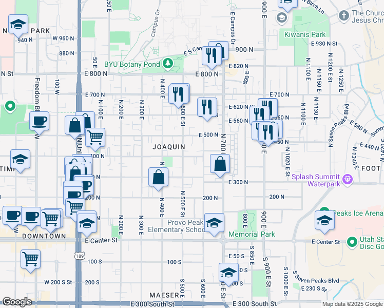 map of restaurants, bars, coffee shops, grocery stores, and more near 394 North 500 East in Provo